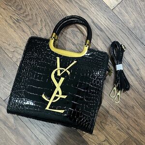 Yves Saint Laurent Black Croc-Embossed Tote with Gold Accents